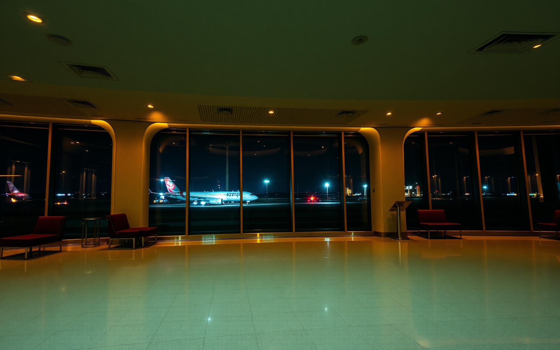 Luxury airport lounge at night